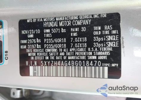2011 Hyundai Santa Fe Se z USA, uszkodzony, nr VIN 5XYZH4AG4BG018470